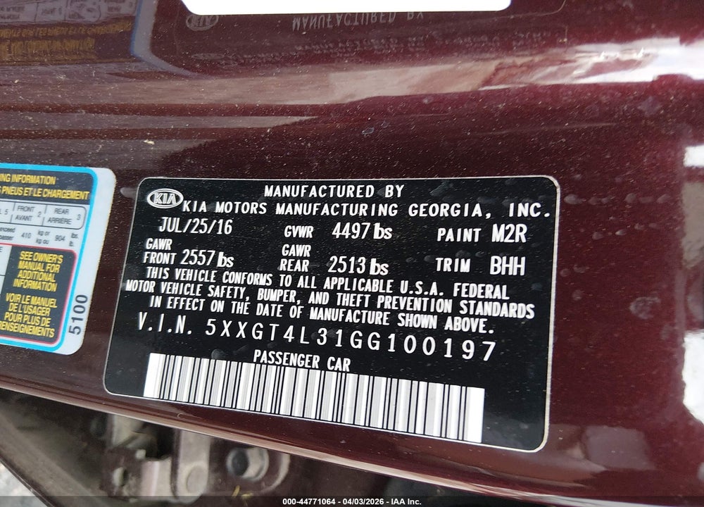 2016 KIA OPTIMA LX VIN: 5XXGT4L31GG100197