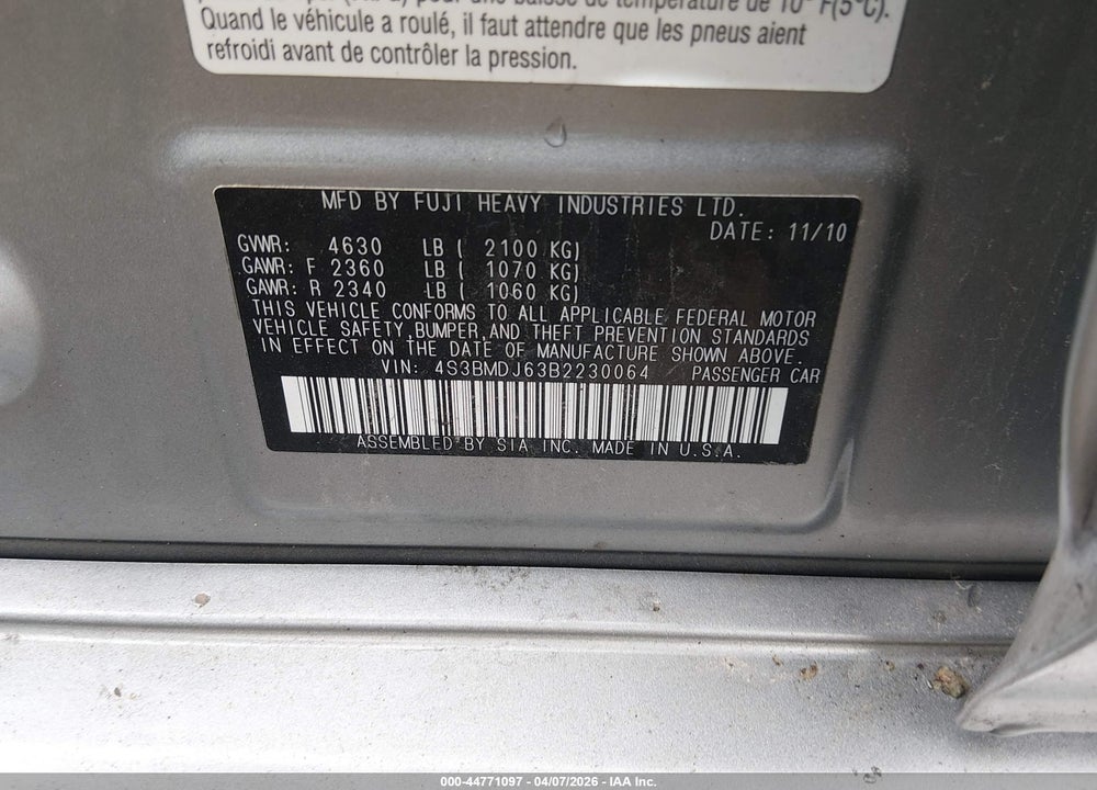 2011 SUBARU LEGACY 3.6R LIMITED VIN: 4S3BMDJ63B2230064