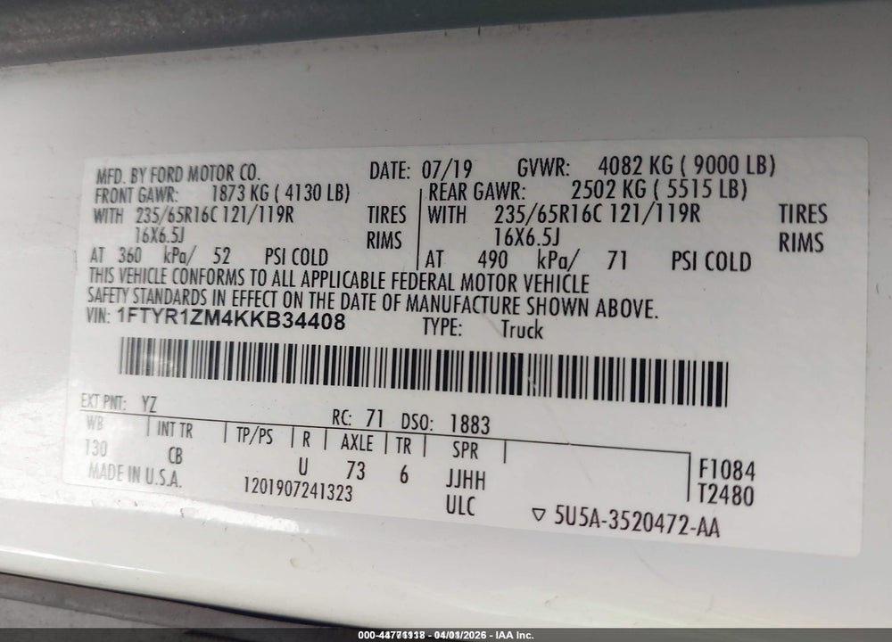 2019 FORD TRANSIT-250 VIN: 1FTYR1ZM4KKB34408