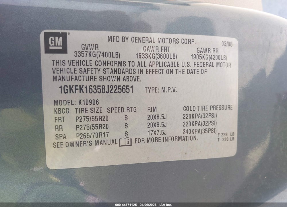 2008 GMC YUKON XL 1500 SLT VIN: 1GKFK16358J225651