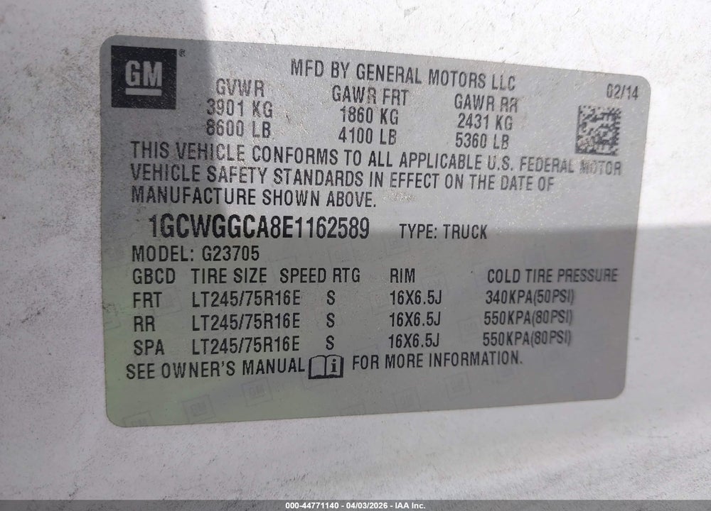 2014 CHEVROLET EXPRESS 2500 WORK VAN VIN: 1GCWGGCA8E1162589