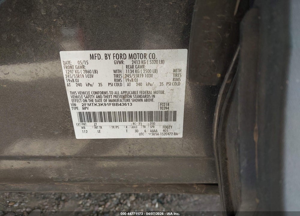 2015 FORD EDGE TITANIUM VIN: 2FMTK3K91FBB43613