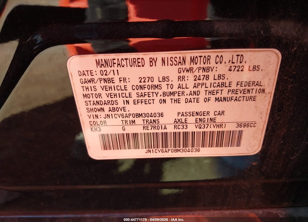 2011 INFINITI G37 JOURNEY VIN: JN1CV6AP0BM304036