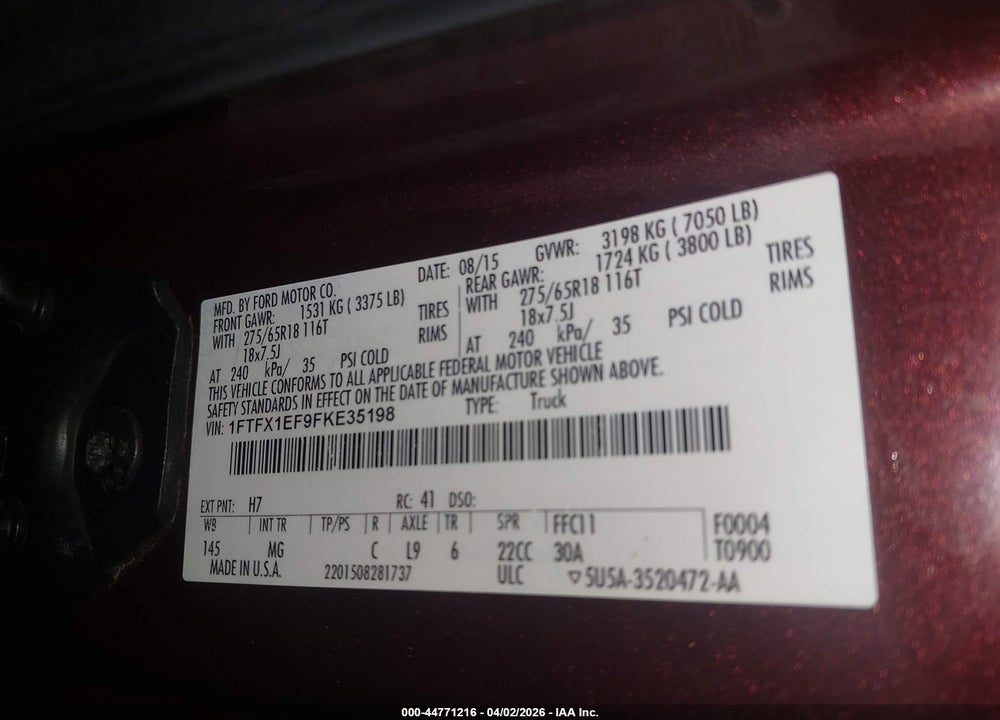 2015 FORD F-150 XLT VIN: 1FTFX1EF9FKE35198