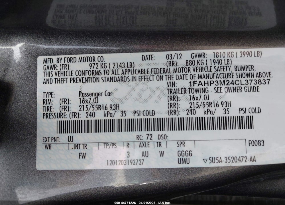 2012 FORD FOCUS SEL VIN: 1FAHP3M24CL373837