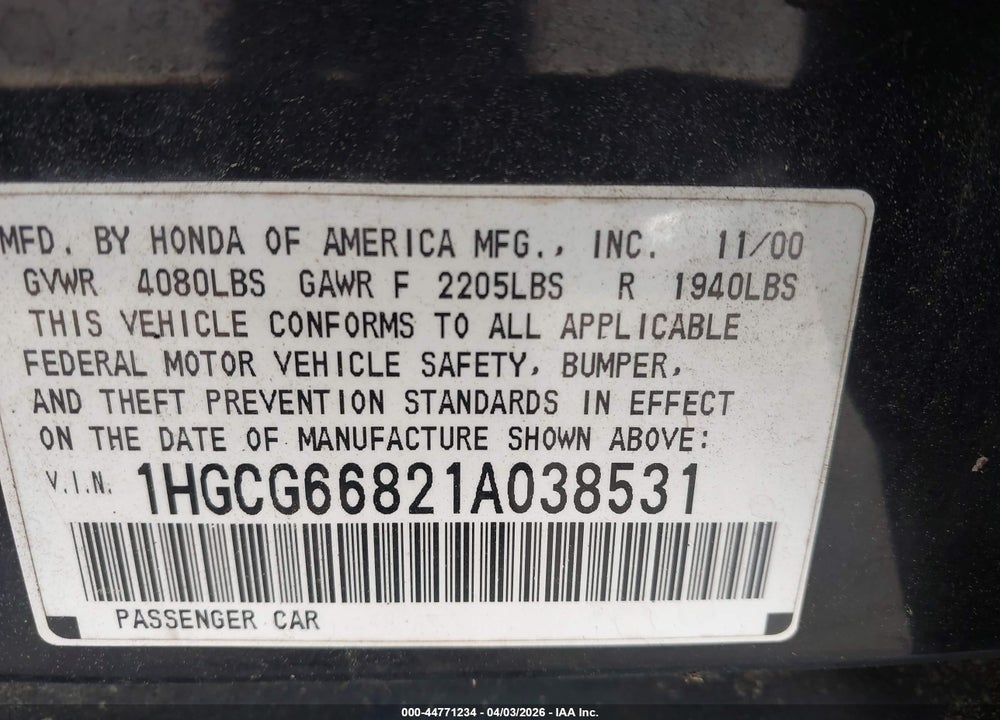 2001 HONDA ACCORD 2.3 EX VIN: 1HGCG66821A038531
