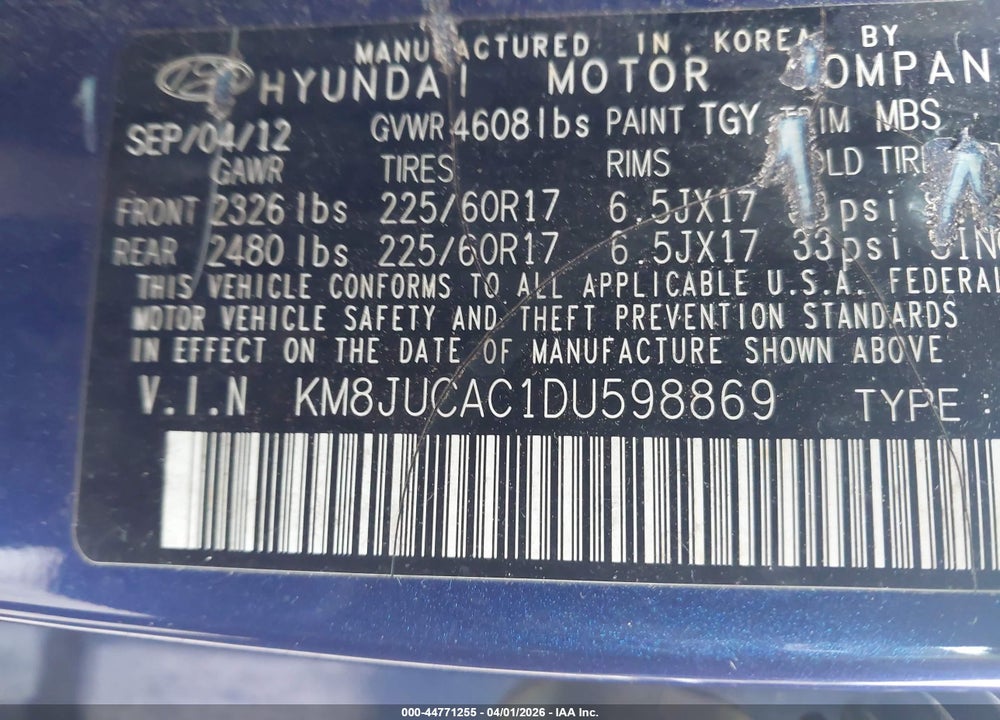 2013 HYUNDAI TUCSON GLS VIN: KM8JUCAC1DU598869