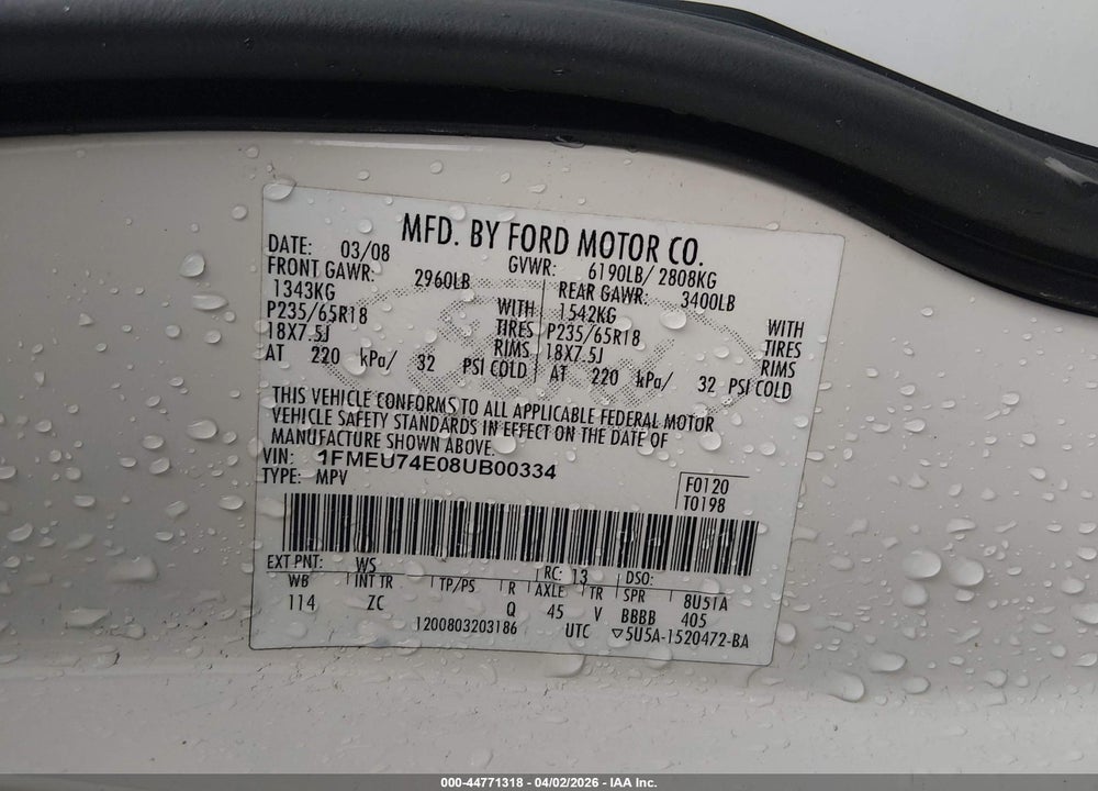 2008 FORD EXPLORER EDDIE BAUER VIN: 1FMEU74E08UB00334