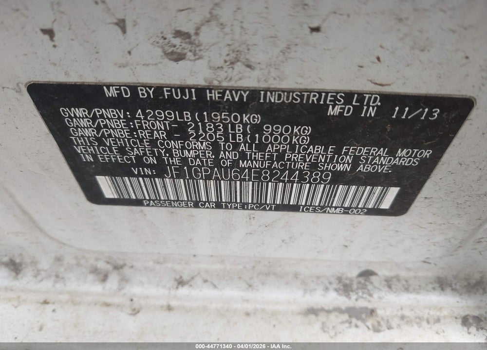 2014 SUBARU IMPREZA 2.0I SPORT LIMITED VIN: JF1GPAU64E8244389
