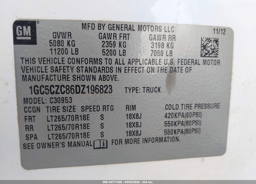 2013 CHEVROLET SILVERADO 3500HD WORK TRUCK VIN: 1GC5CZC86DZ196823