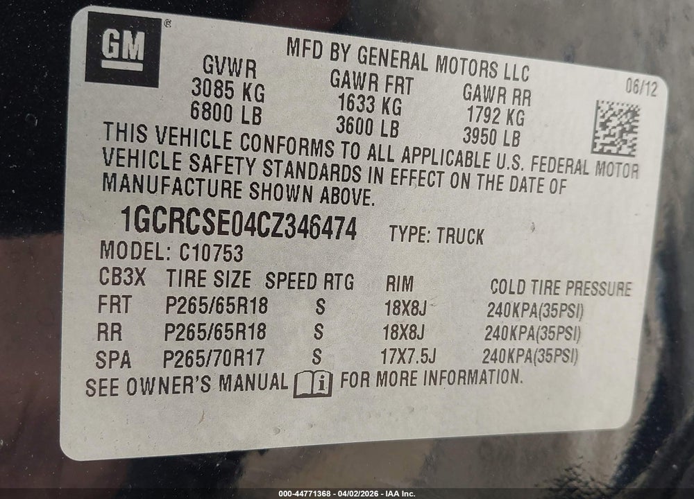 2012 CHEVROLET SILVERADO 1500 LT VIN: 1GCRCSE04CZ346474