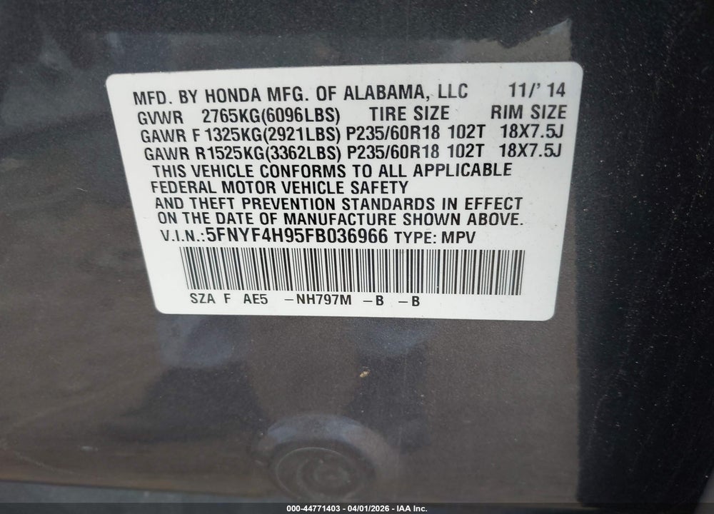 2015 HONDA PILOT TOURING VIN: 5FNYF4H95FB036966