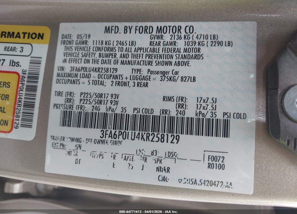 2019 FORD FUSION HYBRID SE VIN: 3FA6P0LU4KR258129