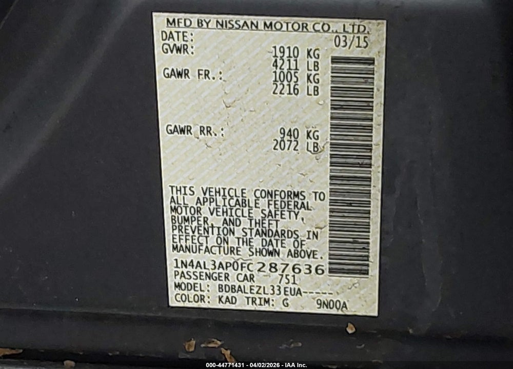 2015 NISSAN ALTIMA VIN: 1N4AL3AP0FC287636