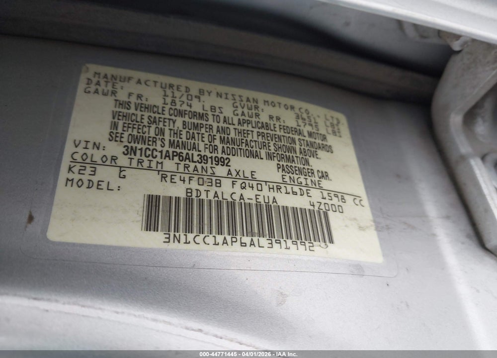 2010 NISSAN VERSA 1.6 VIN: 3N1CC1AP6AL391992