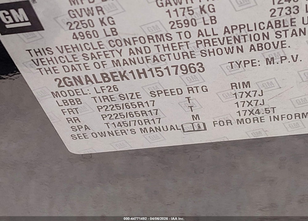 2017 CHEVROLET EQUINOX LS VIN: 2GNALBEK1H1517963