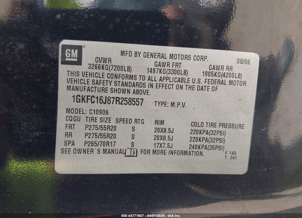 2007 GMC YUKON XL 1500 SLT VIN: 1GKFC16J87R258557