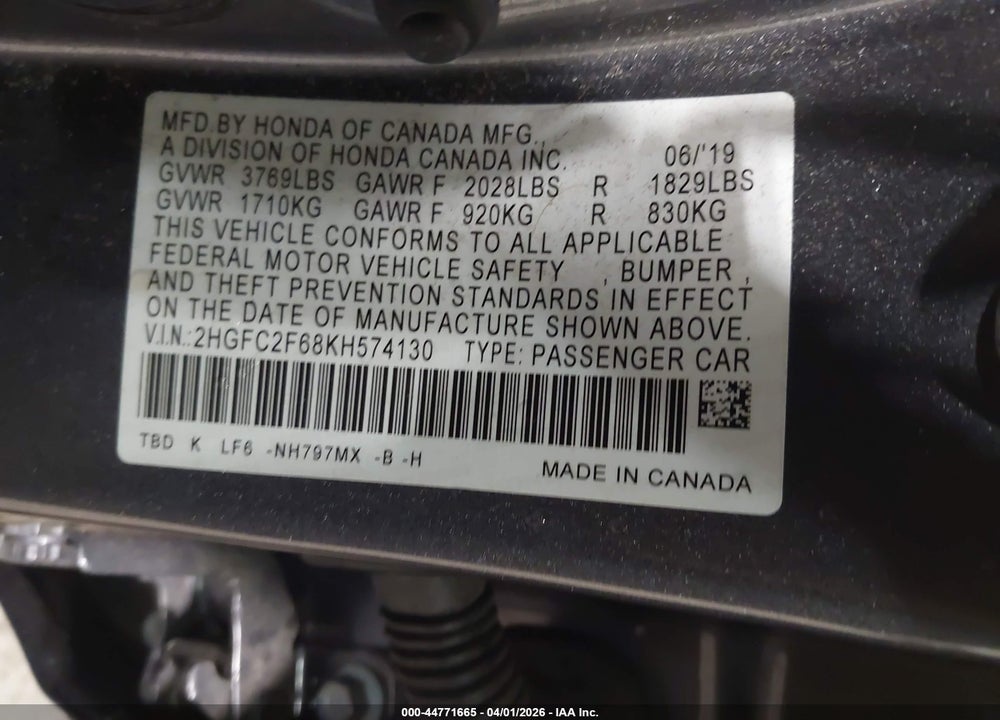 2019 HONDA CIVIC LX VIN: 2HGFC2F68KH574130