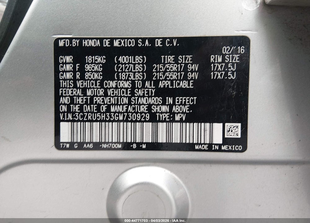 2016 HONDA HR-V LX VIN: 3CZRU5H33GM730929