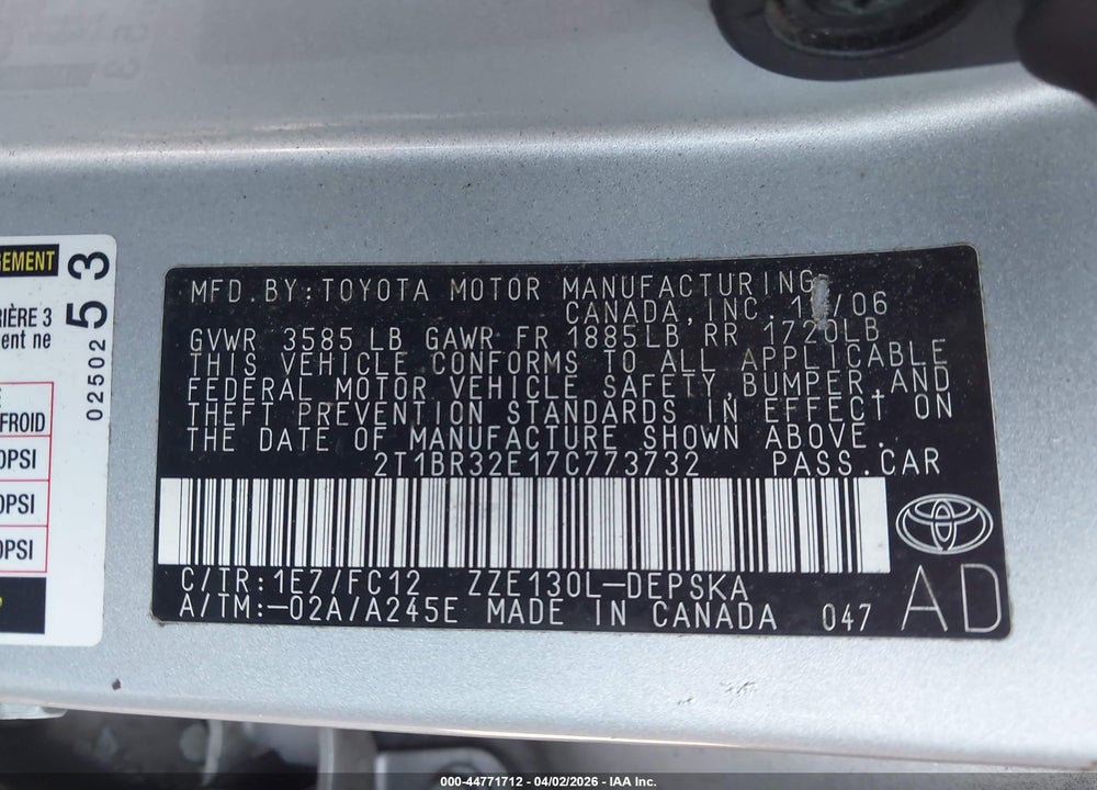 2007 TOYOTA COROLLA S VIN: 2T1BR32E17C773732