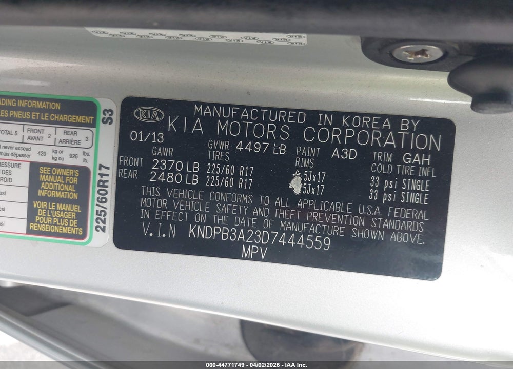 2013 KIA SPORTAGE LX VIN: KNDPB3A23D7444559