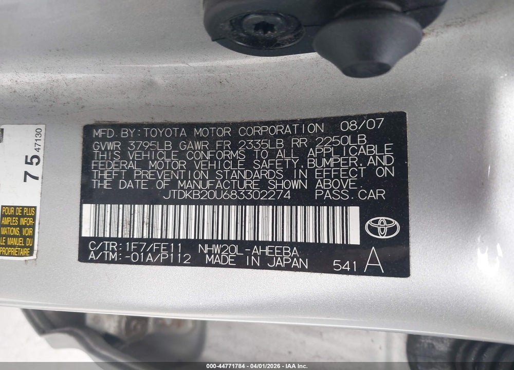 2008 TOYOTA PRIUS VIN: JTDKB20U683302274
