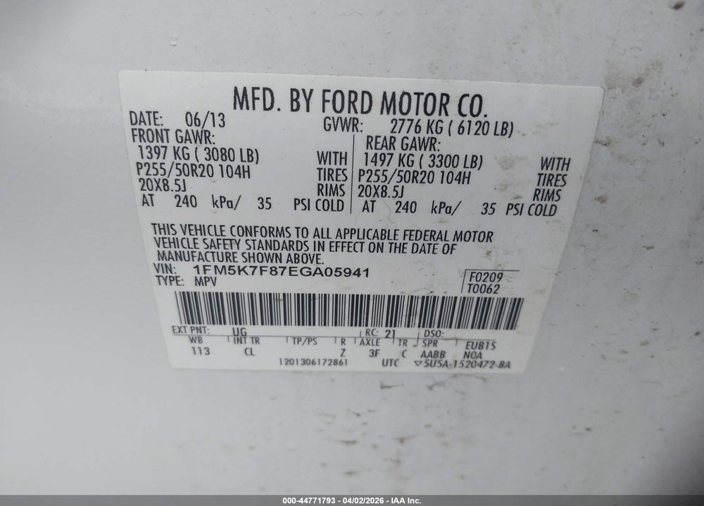 2014 FORD EXPLORER LIMITED VIN: 1FM5K7F87EGA05941