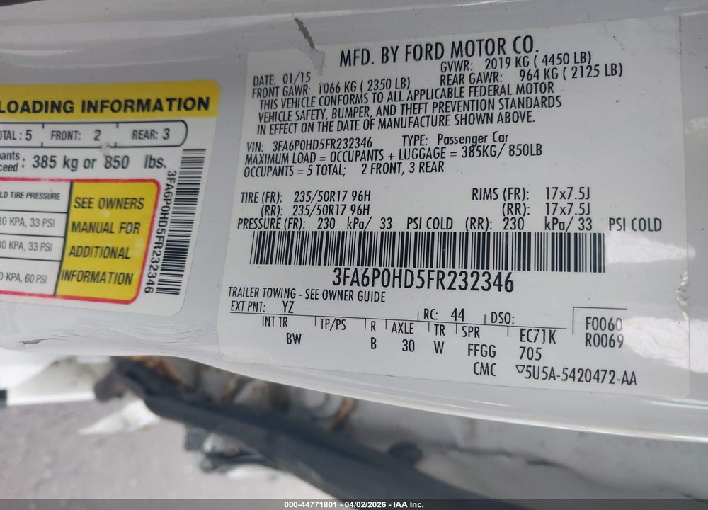 2015 FORD FUSION SE VIN: 3FA6P0HD5FR232346