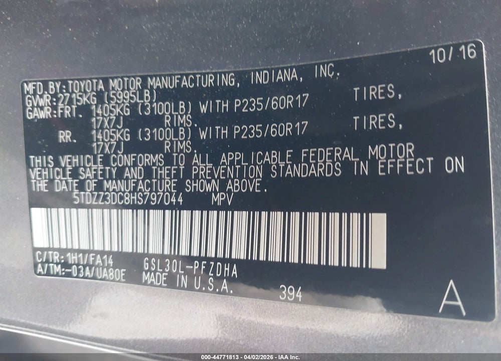 2017 TOYOTA SIENNA L 7 PASSENGER VIN: 5TDZZ3DC8HS797044