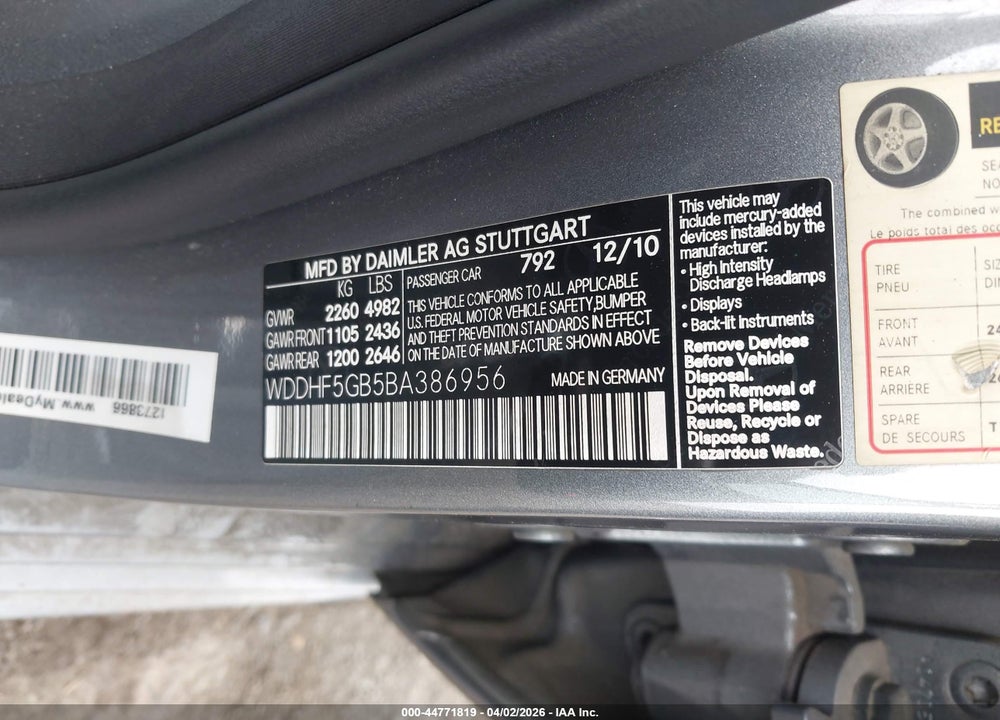 2011 MERCEDES-BENZ E 350 VIN: WDDHF5GB5BA386956