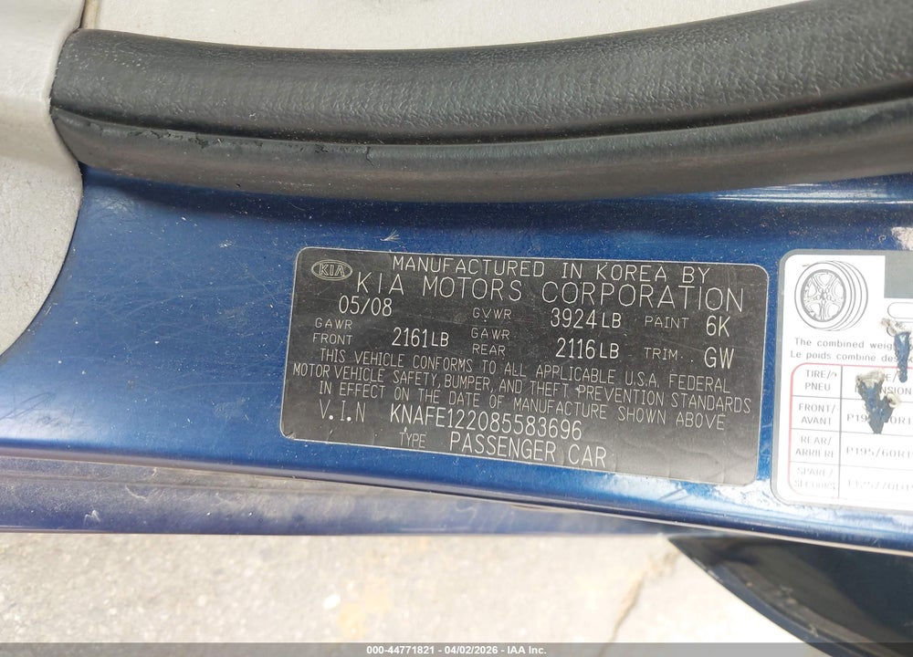 2008 KIA SPECTRA EX VIN: KNAFE122085583696