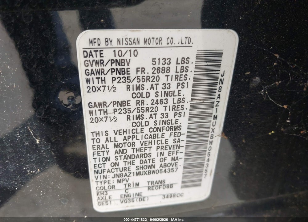 2011 NISSAN MURANO LE VIN: JN8AZ1MUXBW054357