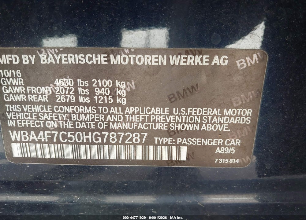 2017 BMW 430I GRAN COUPE VIN: WBA4F7C50HG787287