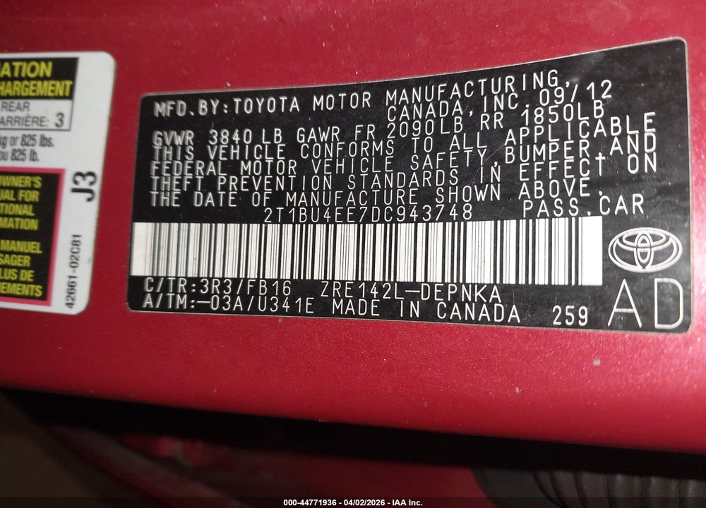 2013 TOYOTA COROLLA LE VIN: 2T1BU4EE7DC943748