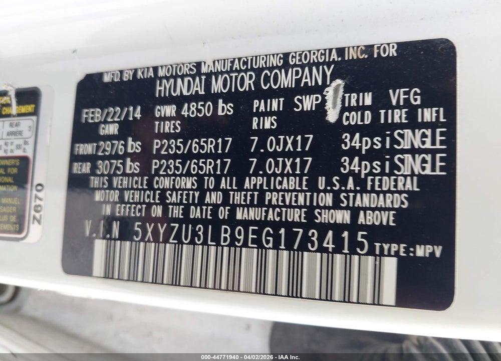 2014 HYUNDAI SANTA FE SPORT 2.4L VIN: 5XYZU3LB9EG173415