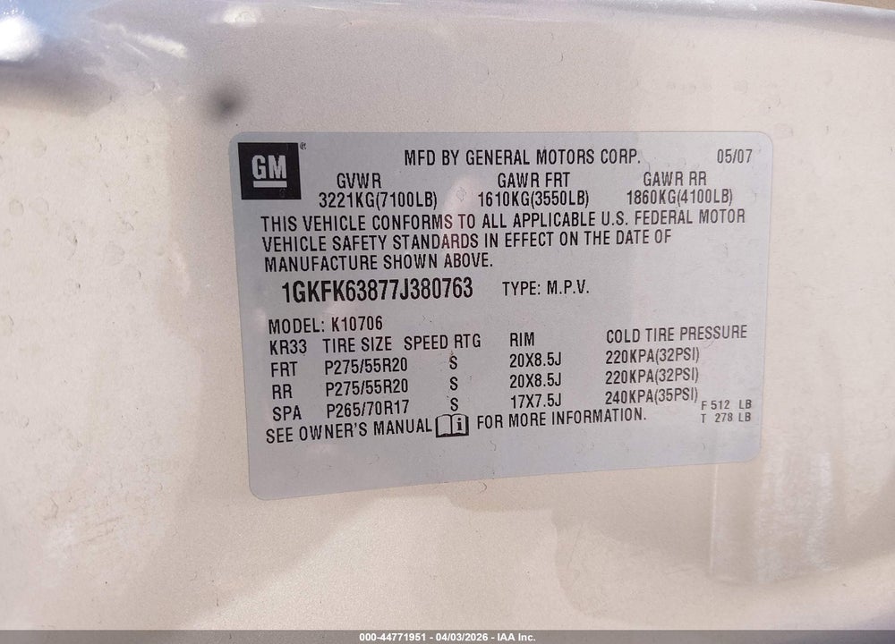 2007 GMC YUKON DENALI VIN: 1GKFK63877J380763