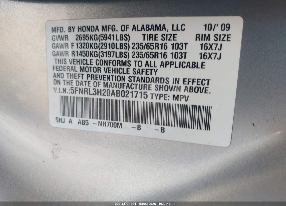 2010 HONDA ODYSSEY LX VIN: 5FNRL3H20AB021715