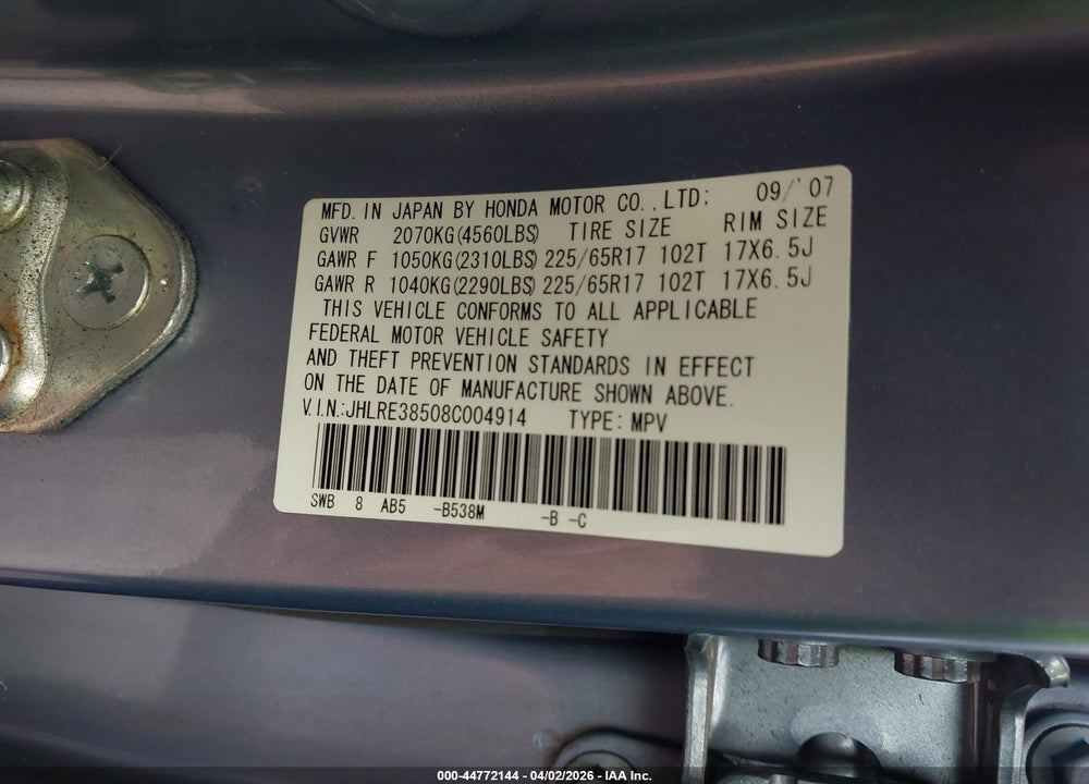 2008 HONDA CR-V EX VIN: JHLRE38508C004914