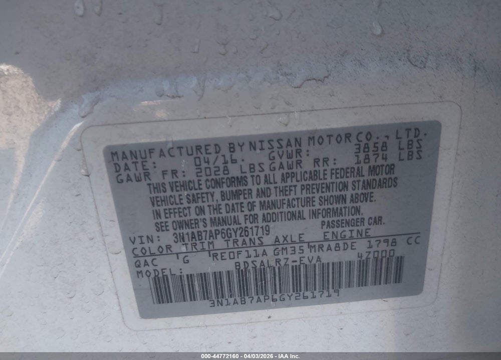 2016 NISSAN SENTRA SR VIN: 3N1AB7AP6GY261719