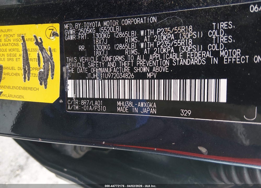 2007 LEXUS RX 400H VIN: JTJHW31U972034826