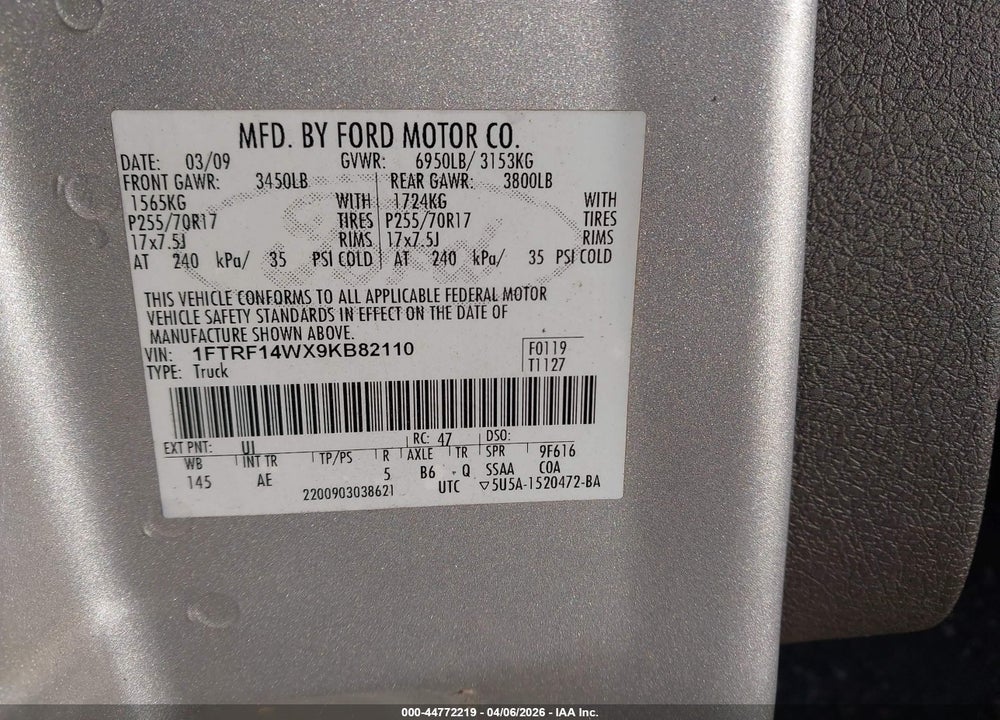 2009 FORD F-150 STX/XL/XLT VIN: 1FTRF14WX9KB82110