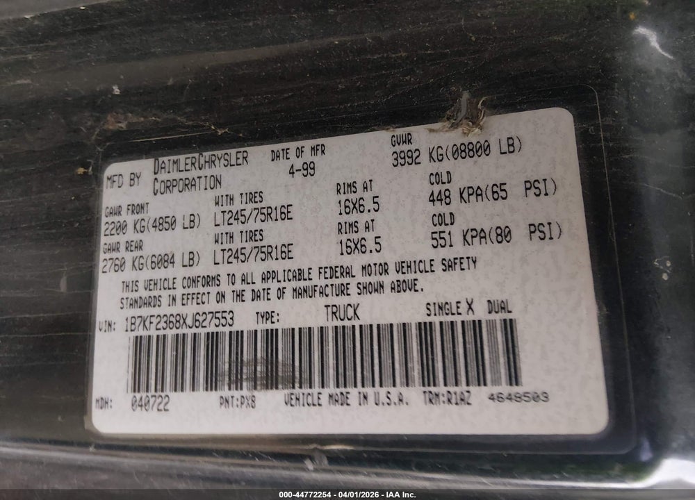 1999 DODGE RAM 2500 ST VIN: 1B7KF2368XJ627553