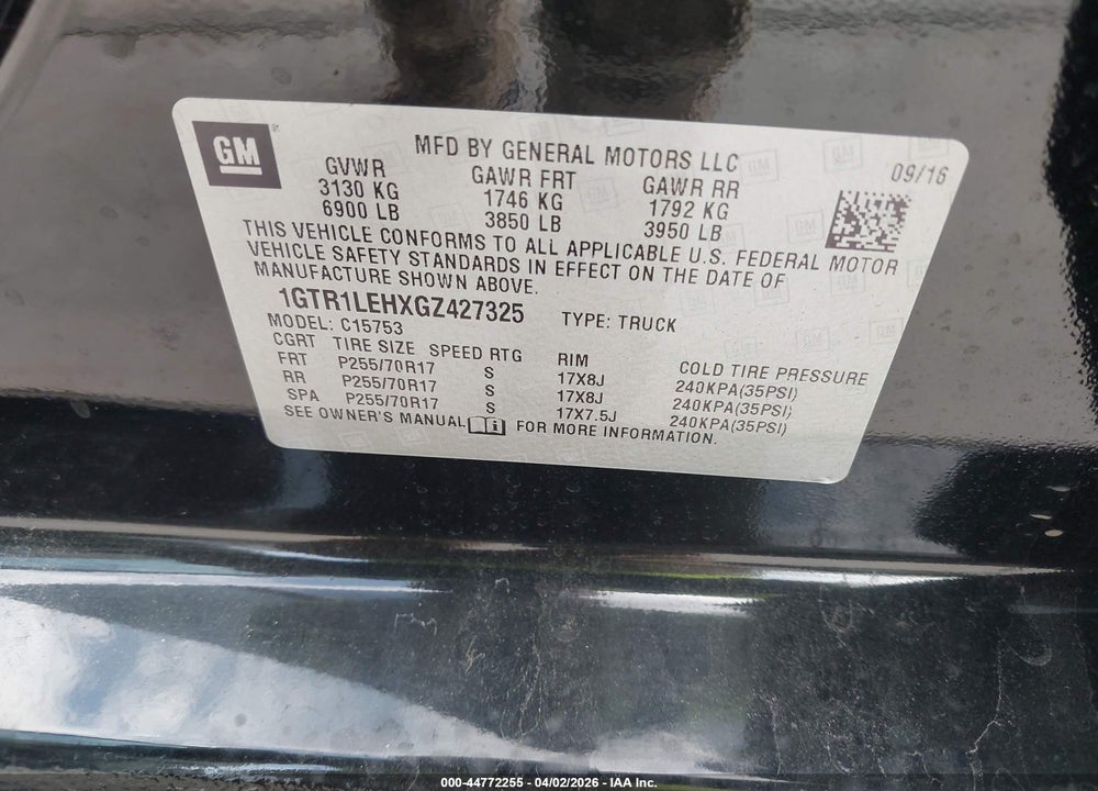 2016 GMC SIERRA 1500 VIN: 1GTR1LEHXGZ427325