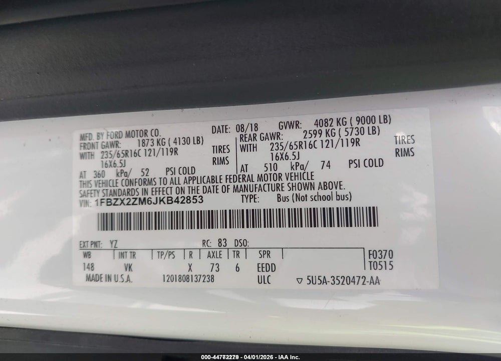 2018 FORD TRANSIT-350 XL VIN: 1FBZX2ZM6JKB42853