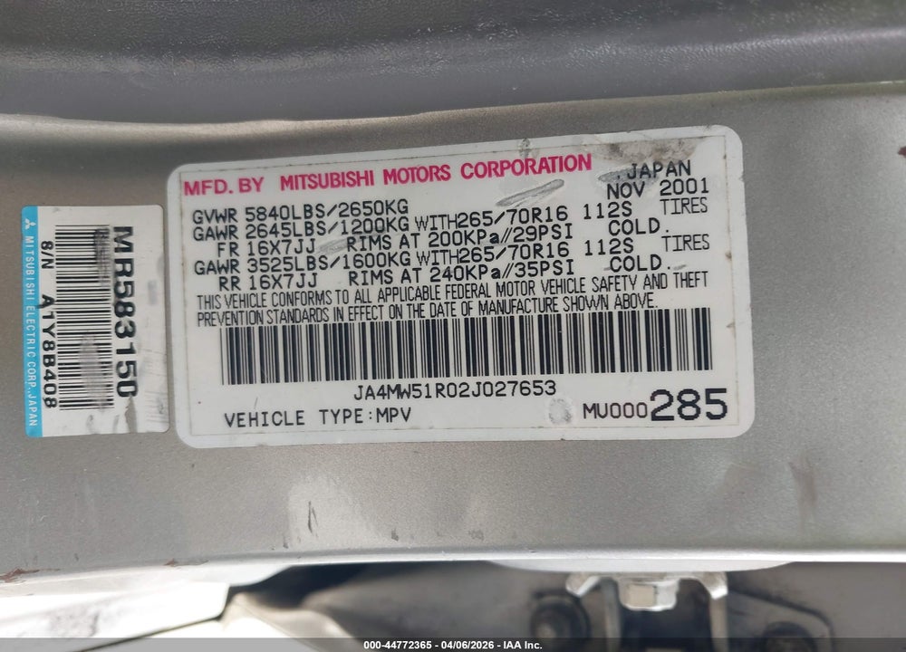 2002 MITSUBISHI MONTERO LIMITED VIN: JA4MW51R02J027653