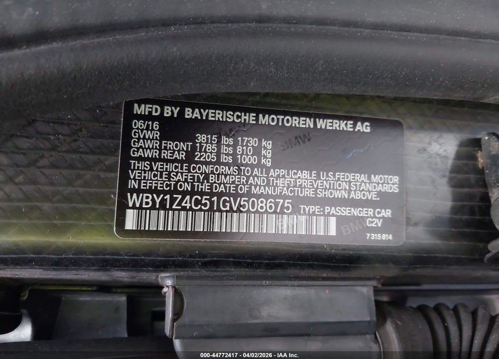 2016 BMW I3 BASE W/RANGE EXTENDER VIN: WBY1Z4C51GV508675