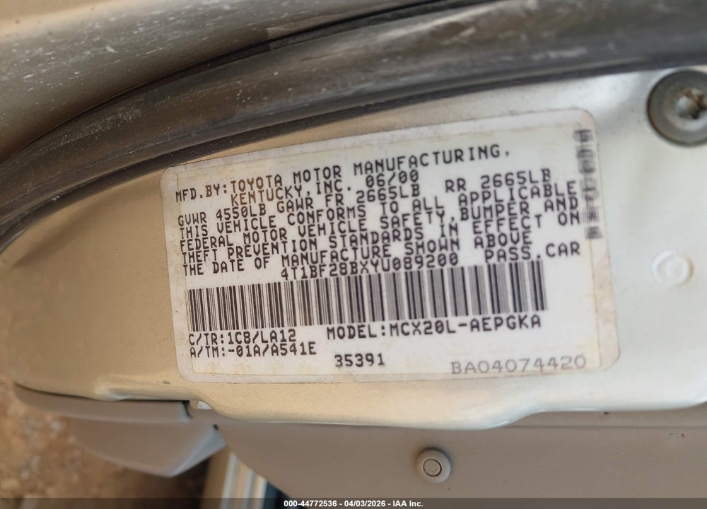 2000 TOYOTA AVALON XLS VIN: 4T1BF28BXYU089200