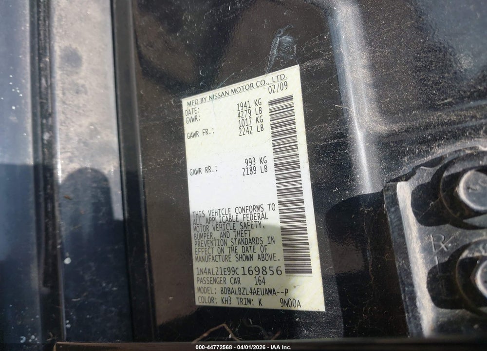 2009 NISSAN ALTIMA 2.5 S VIN: 1N4AL21E99C169856