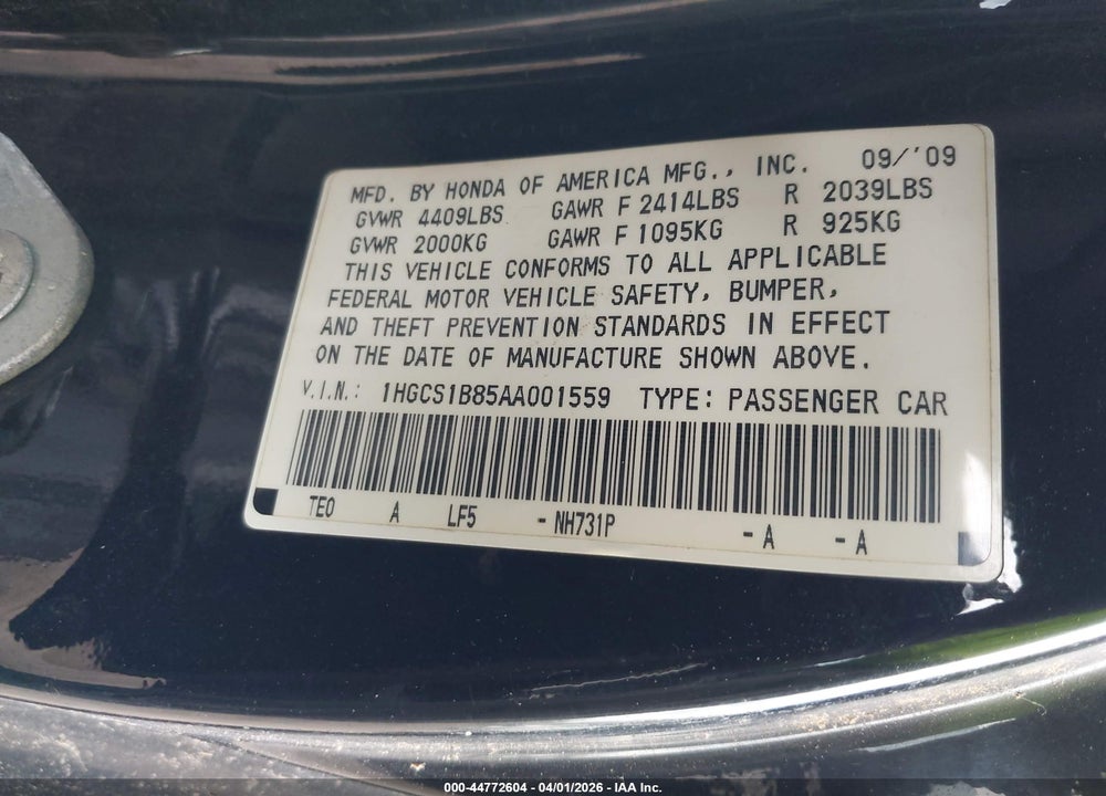 2010 HONDA ACCORD 2.4 EX-L VIN: 1HGCS1B85AA001559