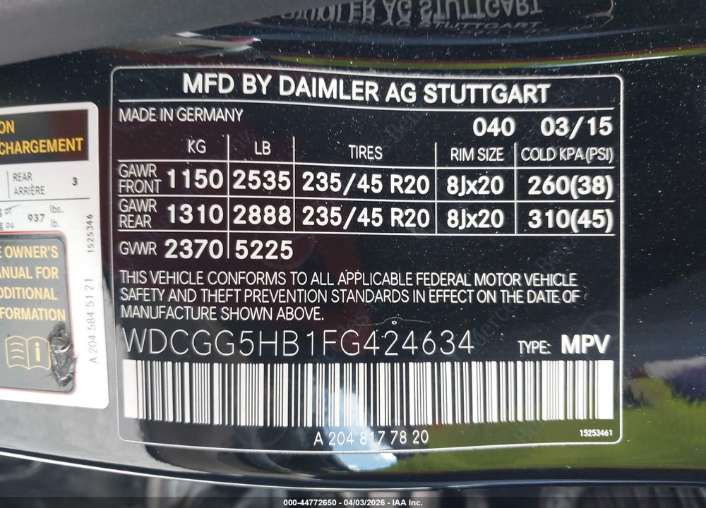 2015 MERCEDES-BENZ GLK 350 VIN: WDCGG5HB1FG424634